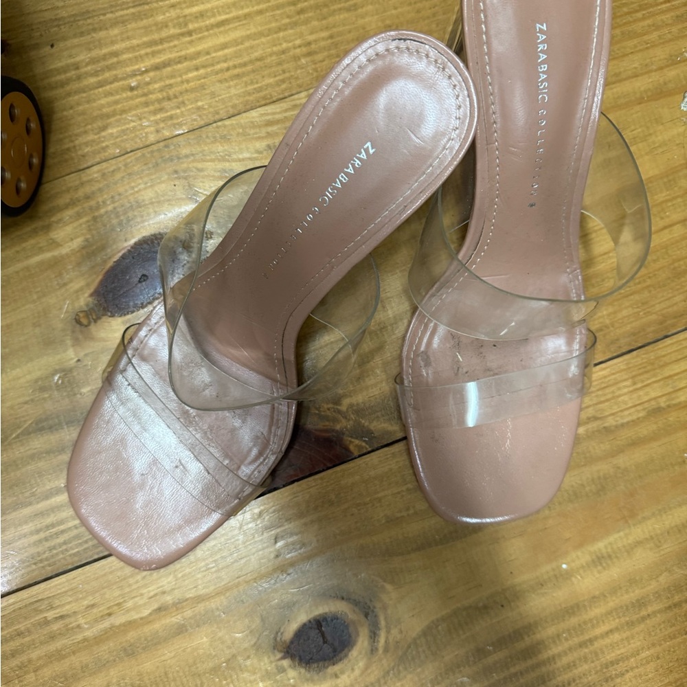 Zara Clear Strap Nude Pink Mule Heels